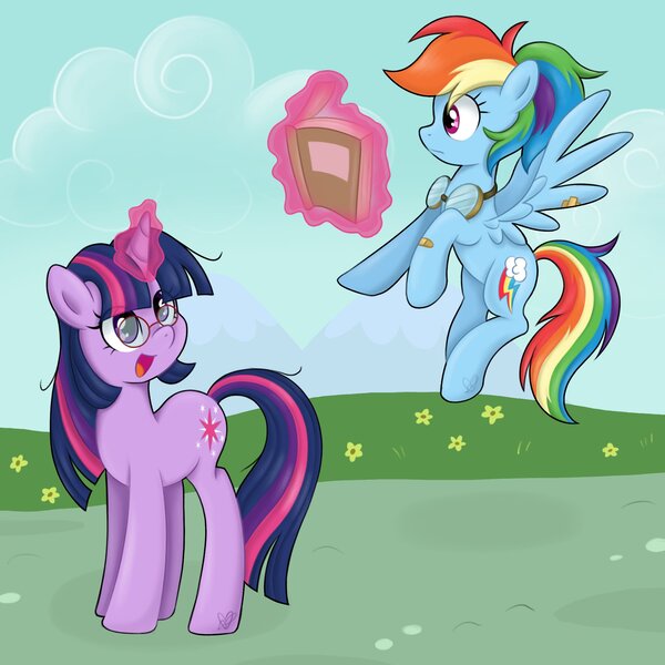 Size: 2048x2048 | Tagged: safe, artist:czscribbles, derpibooru import, rainbow dash, twilight sparkle, pegasus, pony, unicorn, aviator goggles, book, cook, duo, duo female, female, glasses, goggles, horn, image, jpeg, magic, mare, telekinesis, unicorn twilight