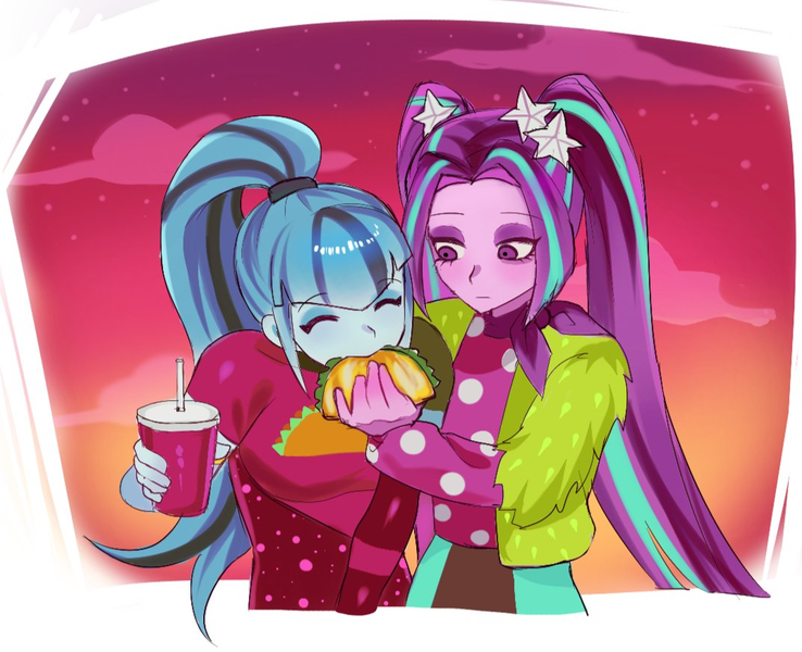 Size: 1073x872 | Tagged: safe, artist:cadence_sniffa, derpibooru import, aria blaze, sonata dusk, human, equestria girls, g4, cup, cute, drink, duo, duo female, eating, eyes closed, eyeshadow, feeding, female, food, image, makeup, pigtails, png, ponytail, taco, twintails