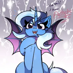 Size: 2000x2000 | Tagged: safe, artist:jubyskylines, derpibooru import, trixie, alicorn, bat pony, bat pony alicorn, pony, g4, abstract background, bat ponified, bat wings, chest fluff, colored hooves, colored wings, dialogue, ear fluff, eyelashes, fangs, female, hooves, horn, image, mare, pathetic, png, purple hooves, race swap, raised hoof, shiny eyelashes, shiny hooves, solo, spread wings, tail, talking, thick eyelashes, trixiebat, two toned mane, two toned tail, two toned wings, wingding eyes, wings