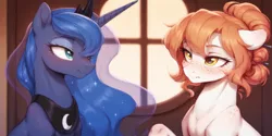 Size: 2400x1200 | Tagged: safe, ai content, derpibooru import, machine learning generated, prompter:greesys, princess luna, oc, oc:victoria orlova, alicorn, earth pony, pony, blushing, duo, freckles, hairpin, hairstyle, image, orange hair, png, wingless, yellow eyes