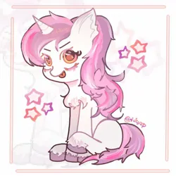 Size: 1280x1280 | Tagged: safe, artist:filyap, derpibooru import, oc, oc:sweetieck dreams, unofficial characters only, pony, unicorn, g4, border, chest fluff, colored hooves, cute, ear fluff, eyelashes, female, filly, foal, hooves, horn, image, jpeg, mare, not sweetie belle, orange eyes, purple hooves, raised leg, signature, sitting, smiling, stars, tail, tongue out, two toned mane, two toned tail, unicorn horn, unshorn fetlocks, zoom layer