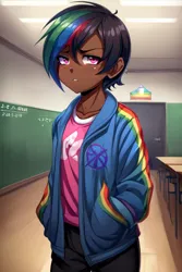 Size: 512x768 | Tagged: safe, ai content, derpibooru import, machine learning generated, rainbow dash, human, pony, equestria girls, g4, angst, black hair, classroom, dark skin, depressed, dyed hair, humanized, image, jpeg, pink eyes, sad, school, solo