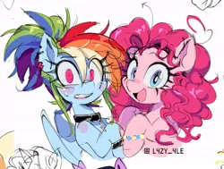 Size: 624x472 | Tagged: safe, artist:l4zy_4le, derpibooru import, pinkie pie, rainbow dash, earth pony, pegasus, pony, g4, ahoge, alternate hairstyle, choker, duo, duo female, ear piercing, earring, eye clipping through hair, female, image, jewelry, jpeg, looking at you, mare, open mouth, open smile, piercing, shrunken pupils, simple background, smiling, smiling at you, varying degrees of want, white background