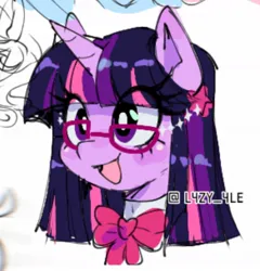 Size: 1080x1126 | Tagged: safe, artist:l4zy_4le, derpibooru import, twilight sparkle, pony, unicorn, g4, bowtie, bust, cute, eye clipping through hair, female, horn, image, jpeg, mare, open mouth, open smile, signature, simple background, smiling, solo, twiabetes, white background