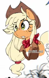 Size: 1080x1707 | Tagged: safe, artist:l4zy_4le, derpibooru import, applejack, earth pony, pony, g4, bandana, bust, clothes, eye clipping through hair, eyebrows, eyebrows visible through hair, female, image, jacket, jpeg, mare, signature, simple background, solo, white background