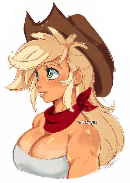 Size: 1036x1460 | Tagged: safe, artist:l4zy_4le, derpibooru import, applejack, human, g4, bandana, bare shoulders, big breasts, boob freckles, breasts, bust, busty applejack, chest freckles, female, freckles, grin, humanized, image, jpeg, shoulder freckles, signature, simple background, smiling, solo, tan skin, white background