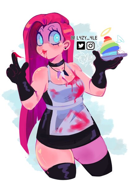 Size: 1820x2613 | Tagged: semi-grimdark, artist:l4zy_4le, derpibooru import, pinkie pie, human, fanfic:cupcakes, apron, blood, breasts, busty pinkie pie, cleavage, clothes, creepy, creepy smile, cupcake, dress, female, food, gloves, horn, horn necklace, humanized, image, implied rainbow dash, jewelry, jpeg, latex, latex dress, latex gloves, light skin, looking at you, necklace, pinkamena diane pie, rainbow cupcake, short dress, signature, simple background, smiling, solo, white background