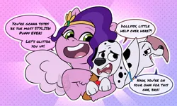 Size: 800x482 | Tagged: safe, artist:themiles, derpibooru import, pipp petals, dog, pony, g5, 101 dalmatian street, 101 dalmatians, dolly (101 dalmatian street), dylan (101 dalmatian street), image, jpeg