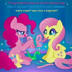 Size: 1500x1500 | Tagged: safe, artist:faelingmagic, derpibooru import, fluttershy, pinkie pie, balloon, balloon animal, blue background, cute, image, jpeg, simple background, wholesome