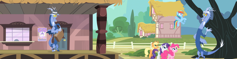 Size: 3827x957 | Tagged: safe, composite screencap, derpibooru import, edit, edited screencap, screencap, applejack, discord, pinkie pie, rainbow dash, rarity, draconequus, earth pony, pegasus, pony, unicorn, g4, three's a crowd, barrel, bell, hat, horn, image, png, ponyville train station, self paradox, shocked, train station, tree