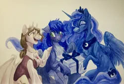 Size: 3575x2421 | Tagged: safe, artist:owlclare, derpibooru import, princess luna, oc, oc:draconis taaldis, oc:star reader, alicorn, pegasus, pony, birthday, blushing, chest fluff, clothes, image, jpeg, present, shirt, traditional art, unshorn fetlocks