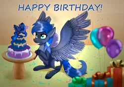 Size: 2866x2014 | Tagged: safe, artist:twilightwolf91, derpibooru import, princess luna, oc, oc:star reader, unofficial characters only, pegasus, pony, balloon, birthday, birthday cake, cake, food, image, png, present, solo