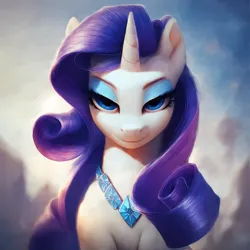 Size: 2880x2880 | Tagged: safe, ai content, derpibooru import, machine learning generated, prompter:derp621, stable diffusion, rarity, unicorn, g4, blurry background, front view, generator:pony diffusion v6 xl, horn, image, jewelry, jpeg, long hair, looking at you, necklace, prompt in description, sky background, solo