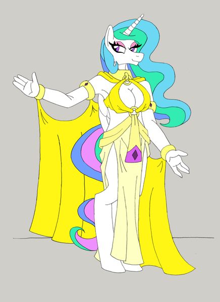 Size: 1090x1500 | Tagged: suggestive, artist:supra80, derpibooru import, princess celestia, alicorn, anthro, unguligrade anthro, g4, bracelet, breasts, busty princess celestia, cape, cleavage, clothes, collar, dress, female, image, jewelry, png, regalia, simple background, solo, solo female