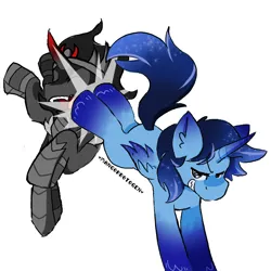 Size: 808x808 | Tagged: safe, derpibooru import, king sombra, oc, oc:blue thunder, alicorn, unicorn, fight, horn, image, kicking, png