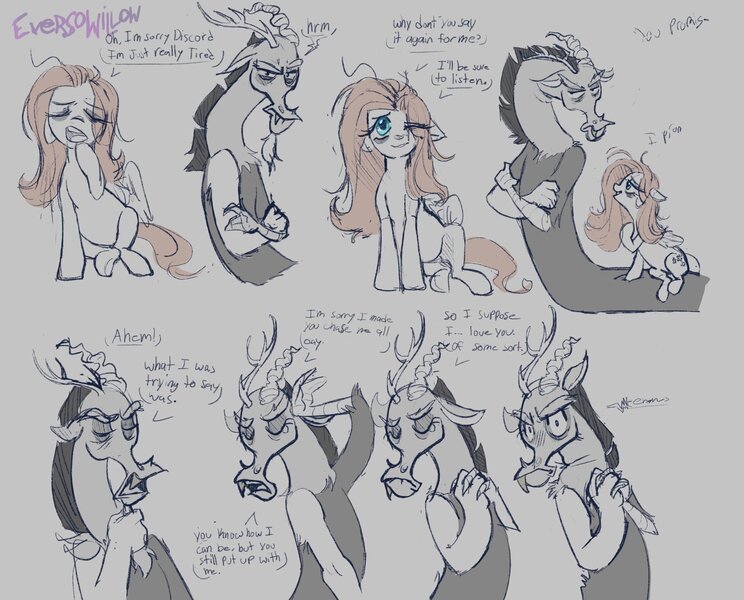 Size: 2048x1652 | Tagged: safe, artist:eversowillow, derpibooru import, discord, fluttershy, draconequus, pegasus, pony, comic:midnight confession, dialogue, discoshy, duo, eye clipping through hair, female, image, jpeg, male, mare, shipping, speech bubble, straight, tired, yawn