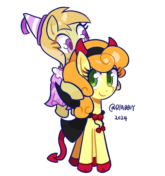 Size: 1389x1478 | Tagged: safe, artist:rlabbiy, derpibooru import, carrot top, golden harvest, noi, earth pony, pony, cape, clothes, costume, devil costume, female, filly, foal, image, jpeg, mare, nightmare night costume, princess outfit, riding, simple background, smiling, text, white background