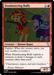 Size: 375x523 | Tagged: safe, derpibooru import, edit, spike, sunset shimmer, twilight sparkle, dog, equestria girls, g4, ccg, image, lockers, magic the gathering, my little pony equestria girls, png, spike the dog, trading card, trading card edit, trading card game