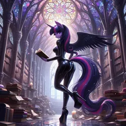 Size: 1024x1024 | Tagged: suggestive, ai content, derpibooru import, machine learning generated, prompter:glimmy-glam, twilight sparkle, twilight sparkle (alicorn), alicorn, anthro, g4, ass, bodysuit, book, bookshelf, butt, ceiling, clothes, generator:dall-e 3, glass, high heels, image, jpeg, latex, latex suit, library, looking at you, looking back, looking back at you, shiny, shoes, stained glass, stiletto heels, the ass was fat, twibutt