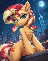 Size: 800x1024 | Tagged: safe, ai content, derpibooru import, machine learning generated, prompter:thelight3d, stable diffusion, sunset shimmer, g4, generator:pony diffusion v6 xl, image, png, roof