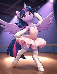 Size: 800x1024 | Tagged: safe, ai content, derpibooru import, machine learning generated, prompter:thelight3d, stable diffusion, twilight sparkle, twilight sparkle (alicorn), alicorn, pony, g4, ballerina, ballet, ballet slippers, bipedal, clothes, generator:pony diffusion v6 xl, image, png, smiling, socks, solo, spread wings, tutu, twilarina, wings