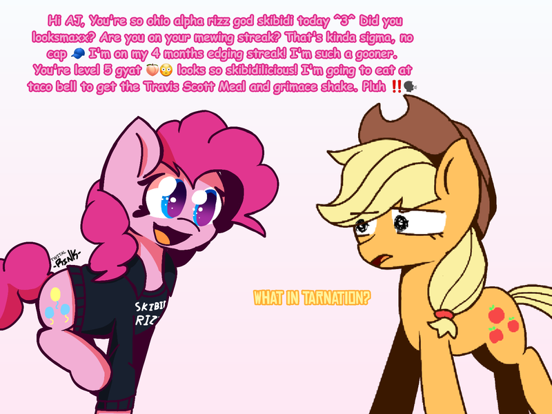 Size: 1600x1200 | Tagged: safe, artist:twital, derpibooru import, applejack, pinkie pie, earth pony, pony, g4, applejack's hat, brainrot, clothes, cowboy hat, duo, duo female, emoji, female, gen z, hat, hoodie, image, mare, meme, open mouth, parody, png, slang, zoomer