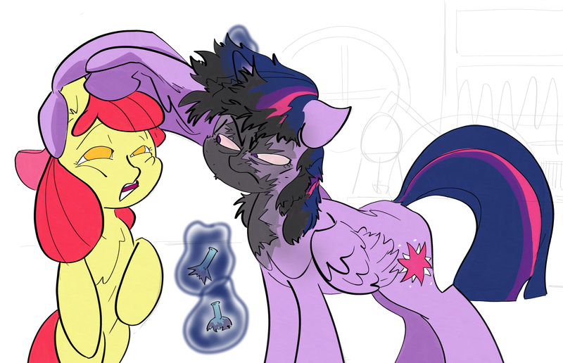 Size: 4610x2971 | Tagged: safe, artist:ponny, derpibooru import, apple bloom, twilight sparkle, twilight sparkle (alicorn), alicorn, earth pony, pony, g4, angry, burnt, duo, duo female, female, filly, floppy ears, foal, image, laboratory, magic, mare, png, ponified animal photo, potion, red eyes, shelf, simple background, singed, telekinesis, white background, window, wing hands, wings