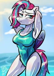 Size: 1240x1754 | Tagged: safe, artist:jully-park, derpibooru import, zipp storm, anthro, pegasus, g5, arm behind head, armpits, blushing, breasts, clothes, female, image, looking at you, ocean, one-piece swimsuit, png, solo, swimsuit, water