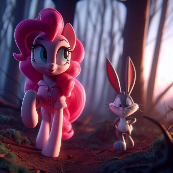 Size: 1024x1024 | Tagged: safe, ai content, derpibooru import, machine learning generated, pinkie pie, rabbit, g4, animal, bugs bunny, crossover, female, image, jpeg, looney tunes, male, prompter:pinkiepiepics