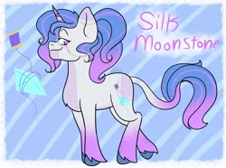 Size: 1421x1055 | Tagged: safe, artist:basil, artist:dj axel, derpibooru import, oc, oc:silk moonstone, unofficial characters only, pony, unicorn, g4, g5, blue background, colored eartips, colored fetlocks, commissioner:prixy05, cutie mark, female, fusion, fusion:izzy moonbow, fusion:rarity, glasses, horn, image, izzy and her 2nd heroine, jpeg, leonine tail, mare, signature, simple background, solo, tail