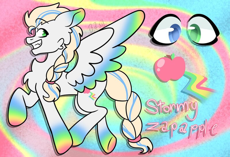 Size: 1579x1080 | Tagged: safe, artist:basil, artist:dj axel, derpibooru import, oc, oc:stormy zapapple, unofficial characters only, pegasus, pony, g4, g5, braid, braided tail, colored eartips, colored wings, commissioner:prixy05, cutie mark, fusion, fusion:applejack, fusion:zipp storm, heterochromia, image, jpeg, male, multicolored wings, rainbow background, rainbow hooves, rainbow wings, solo, stallion, tail, wings