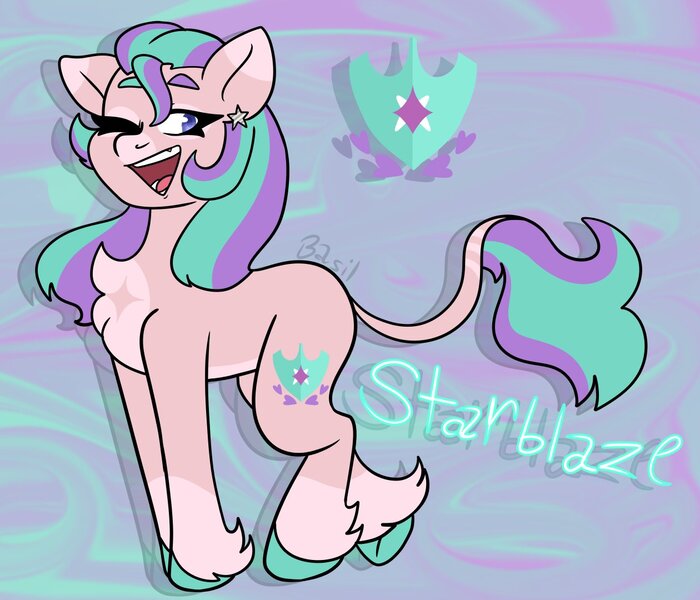 Size: 1260x1080 | Tagged: safe, artist:basil, artist:dj axel, derpibooru import, oc, oc:starblaze, unofficial characters only, earth pony, pony, g4, g5, abstract background, blue eyes, chest fluff, chest marking, coat markings, colored belly, colored eartips, colored fetlocks, colored hooves, commissioner:prixy05, cutie mark, ear piercing, earring, eyelashes, female, fusion, fusion:hitch trailblazer, fusion:starlight glimmer, hooves, image, jewelry, jpeg, leonine tail, looking back, mare, mismatched eyebrows, not starlight glimmer, one eye closed, open mouth, open smile, pale belly, piercing, pink coat, purple background, signature, simple background, smiling, socks (coat marking), solo, striped tail, tail, tail markings, teal hooves, teeth, thick eyelashes, thin, thin tail, two toned ears, two toned mane, two toned tail, unshorn fetlocks, wall of tags, wink, zoom layer