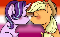 Size: 1238x754 | Tagged: safe, artist:basil, artist:dj axel, derpibooru import, applejack, starlight glimmer, earth pony, pony, unicorn, g4, applejack's hat, blush lines, blushing, chest fluff, commissioner:prixy05, cowboy hat, duo, duo female, eyebrows, eyebrows visible through hair, eyes closed, facing each other, female, flag background, freckles, gradient background, hat, horn, image, jpeg, kiss on the lips, kissing, lesbian, lesbian pride flag, mare, ponytail, pride, pride flag, shadow, shiny mane, ship:glimmerjack, shipping, stetson, tied mane, two toned mane