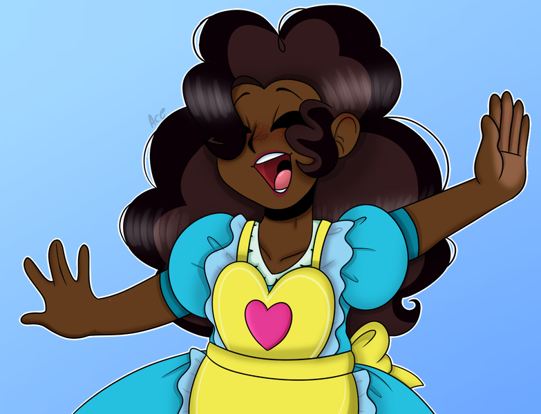 Size: 1401x1074 | Tagged: safe, artist:basil, artist:dj axel, derpibooru import, pinkie pie, human, g4, apron, blue background, blue dress, blush lines, blushing, brown hair, clothes, commissioner:prixy05, curly hair, dark skin, dress, eyes closed, female, frilly dress, gradient background, halfbody, human coloration, humanized, image, lipstick, long hair, natural hair color, open mouth, open smile, png, raised arms, red lipstick, shiny hair, simple background, smiling, solo, two toned hair