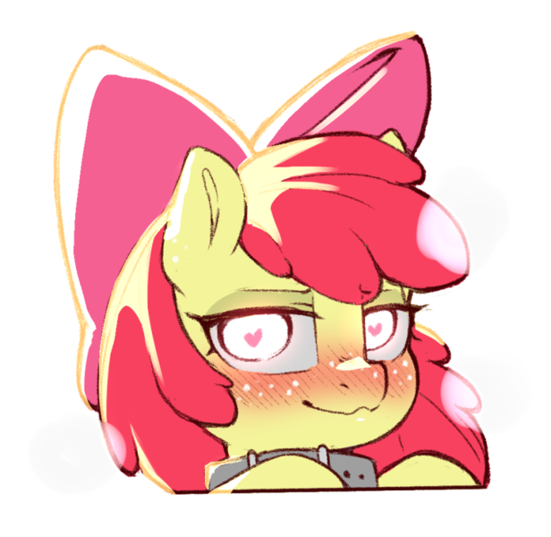 Size: 829x807 | Tagged: suggestive, artist:cold-blooded-twilight, derpibooru import, apple bloom, pony, bedroom eyes, blushing, bow, collar, female, filly, foal, foalcon, freckles, glow, glowing eyes, heart, heart eyes, image, panting, png, simple background, transparent background, underage, wingding eyes