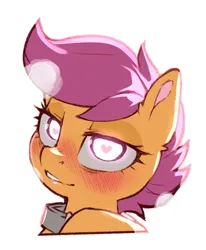 Size: 829x1004 | Tagged: suggestive, artist:cold-blooded-twilight, derpibooru import, scootaloo, pony, bedroom eyes, blushing, collar, female, filly, foal, foalcon, glow, glowing eyes, heart, heart eyes, image, panting, png, simple background, transparent background, underage, wingding eyes