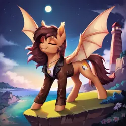 Size: 1024x1024 | Tagged: safe, ai content, derpibooru import, machine learning generated, prompter:lostconn, stable diffusion, bat pony, pony, bomber jacket, cliff, clothes, eyes closed, female, full moon, image, jacket, leather, leather jacket, lighthouse, moon, night, png, seaside, solo, solo female, spread wings, wings