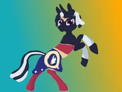 Size: 2048x1536 | Tagged: safe, artist:silverfishv9, derpibooru import, oc, oc:night gaze (solredrose), unofficial characters only, pony, unicorn, black coat, bracer, clothes, concave belly, cosplay, costume, gradient background, horn, image, jpeg, lasso, rearing, rope, skirt, solo, unicorn oc