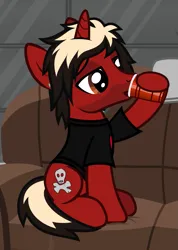 Size: 931x1311 | Tagged: safe, artist:lightningbolt, derpibooru import, ponified, pony, unicorn, .svg available, alcohol, all time low, clothes, couch, cup, derpibooru exclusive, drink, drinking, dyed mane, dyed tail, ear piercing, facial hair, hoof hold, horn, image, jack barakat, lidded eyes, male, messy room, piercing, png, shirt, show accurate, sitting, solo, stallion, t-shirt, tail, vector