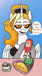 Size: 685x1219 | Tagged: safe, artist:jargon scott, derpibooru import, oc, oc:dyx, alicorn, pony, bust, cigarette, clothes, cup, dialogue, female, food, heart shaped box, hoof hold, image, jpeg, ketchup, lidded eyes, maid, mare, older, older dyx, omelette, salad, sauce, solo, speech bubble, talking to viewer, teacup, unamused, vulgar