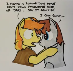 Size: 1757x1702 | Tagged: safe, artist:hoofclid, derpibooru import, braeburn, oc, oc:hoofclid, earth pony, pony, unicorn, g4, canon x oc, dialogue, duo, duo male, gay, horn, image, jpeg, male, marker drawing, shipping, traditional art