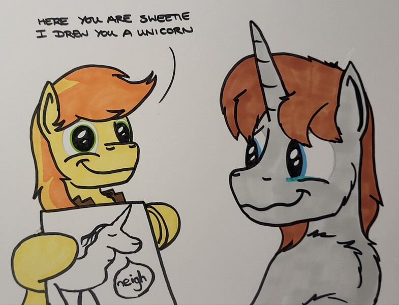 Size: 2048x1565 | Tagged: safe, artist:hoofclid, derpibooru import, braeburn, oc, oc:hoofclid, earth pony, pony, unicorn, g4, canon x oc, chest fluff, dialogue, drawing, duo, duo male, gay, horn, image, jpeg, male, marker drawing, shipping, smiling, stallion, traditional art, wavy mouth