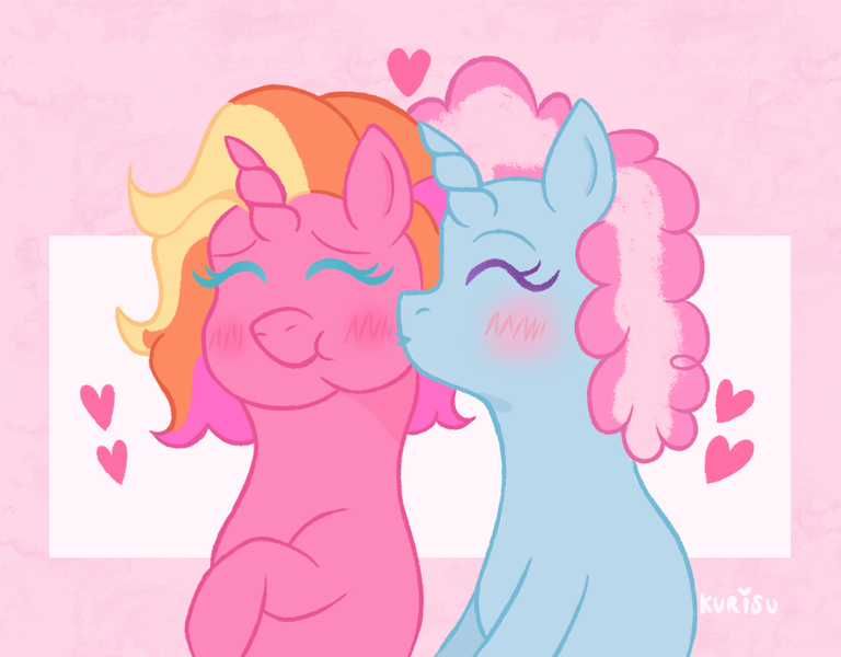 Size: 956x747 | Tagged: safe, artist:kurisumuffins, derpibooru import, minty, rarity (g3), pony, unicorn, g3, ^^, alternate design, alternate universe, chubby cheeks, couple, cute, eyes closed, female, heart, horn, image, kiss on the cheek, kissing, lesbian, love, pink background, png, shipping, simple background, smiling