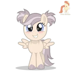 Size: 1000x1000 | Tagged: safe, artist:r4hucksake, derpibooru import, oc, oc:sandy trails, unofficial characters only, pegasus, pony, blue eyes, blush lines, blushing, brown hooves, brown mane, brown tail, colored hooves, cream coat, female, female oc, filly, filly oc, foal, hooves, image, long tail, pegasus oc, pigtails, png, shadow, shiny hooves, short mane, signature, simple background, smiling, solo, spread wings, tail, tied mane, transparent background, two toned mane, two toned tail, wings