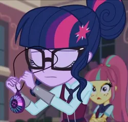 Size: 1276x1217 | Tagged: safe, derpibooru import, screencap, sci-twi, sour sweet, twilight sparkle, human, equestria girls, g4, angry, annoyed, canterlot high, clothes, cropped, crystal prep academy uniform, duo, duo female, eyes closed, female, image, jpeg, magic capture device, my little pony equestria girls: friendship games, necktie, school, school tie, school uniform, schoolgirl, singing, uniform, unleash the magic