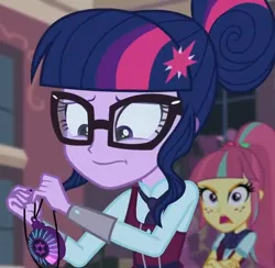 Size: 1242x1210 | Tagged: safe, derpibooru import, screencap, sci-twi, sour sweet, twilight sparkle, human, equestria girls, g4, angry, annoyed, canterlot high, clothes, cropped, crystal prep academy uniform, duo, duo female, female, image, jpeg, magic capture device, my little pony equestria girls: friendship games, necktie, nervous, school, school tie, school uniform, schoolgirl, singing, uniform, unleash the magic, unsure, upset