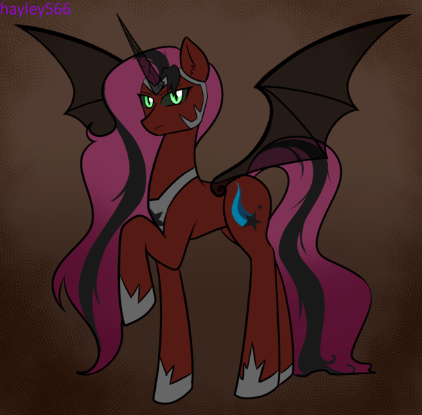 Size: 2672x2632 | Tagged: safe, artist:hayley566, derpibooru import, sunny starscout, alicorn, pony, g5, my little pony: a new generation, alternate hairstyle, bat wings, black sclera, female, helmet, hoof shoes, image, jewelry, mare, nightmarified, png, race swap, raised hoof, regalia, solo, sunnycorn, wings