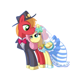 Size: 3000x3000 | Tagged: safe, anonymous artist, artist:madmax, derpibooru import, big macintosh, fluttershy, earth pony, pegasus, pony, g4, alternate hairstyle, bowtie, clothes, dress, duo, duo male and female, element of kindness, eyeshadow, female, fluttermac, hat, headband, high res, image, lidded eyes, looking at each other, looking at someone, makeup, male, marriage, nuzzling, outdoors, png, shipping, simple background, smiling, smiling at each other, stallion, straight, transparent background, tuxedo, vector, veil, wedding, wedding dress, wedding veil