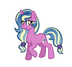 Size: 730x679 | Tagged: safe, artist:darkfrost-star, derpibooru import, oc, oc:cosmic wish, unofficial characters only, pony, unicorn, g4, crack ship offspring, eye clipping through hair, eyelashes, female, female oc, fringe, horn, image, long mane, long tail, looking back, magical lesbian spawn, mare, mare oc, next generation, no pupils, offspring, parent:lilymoon, parent:luster dawn, parents:lustermoon, png, ponytail, purple coat, raised hoof, simple background, smiling, standing, standing on three hooves, tail, tied mane, tied tail, two toned mane, two toned tail, unicorn oc, wavy mane, wavy tail, white background, yellow eyes