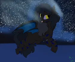 Size: 2400x2000 | Tagged: safe, artist:aegishailstorm, derpibooru import, oc, oc:enigma, bat pony, pony, blue mane, female, image, mare, night, png, spread wings, wings, zebra hybrid